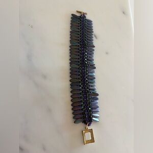 Iridescent Purple Beaded Wide Artisan Statement Shell Bracelet with Gold Accent